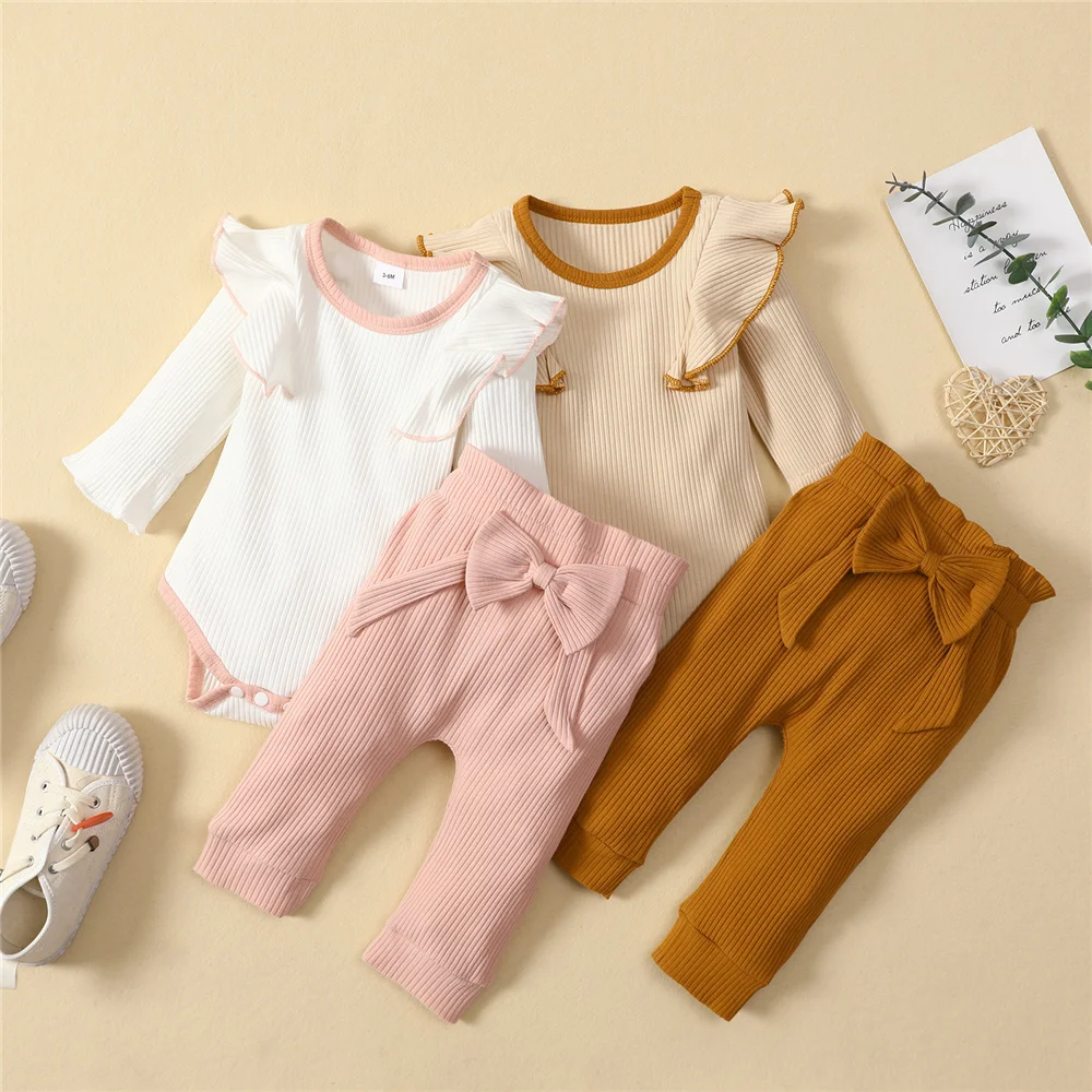 

Комбинезон для новорожденных девочек 0-12 месяцев, комплект одежды из 2 предметов, брюки в рубчик контрастных цветов с длинным рукавом для малышей, весна-осень