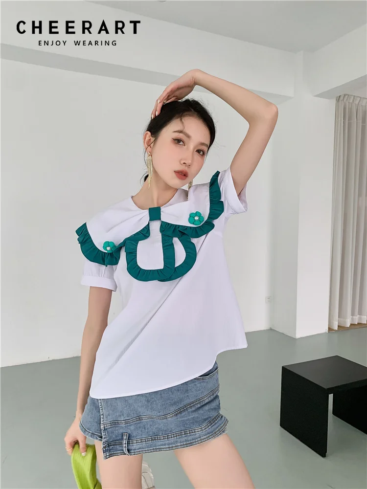 

Белая Милая летняя блузка CHEERART с матросским воротником Kawaii, женская блузка с коротким рукавом и бантом, корейская модная блузка с оборками, ...