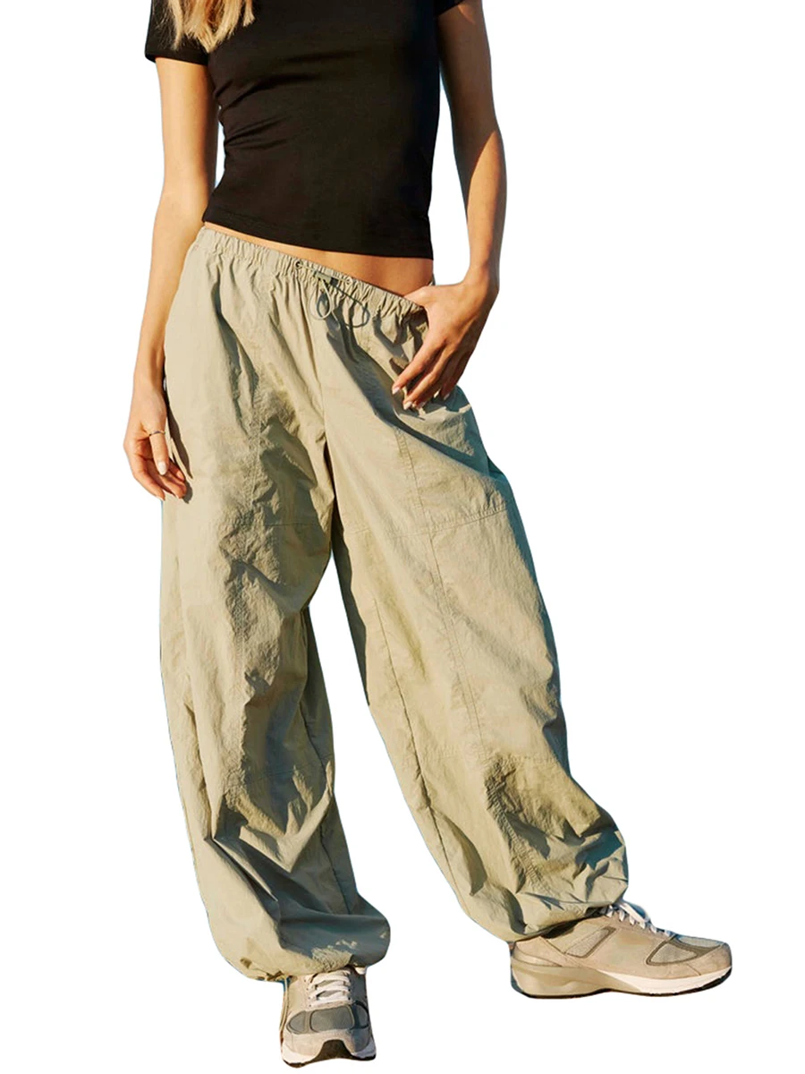 

cargo pants for women Solid Color Mid Waist Drawstring Wide Leg Pants with Pockets Women's Clothing