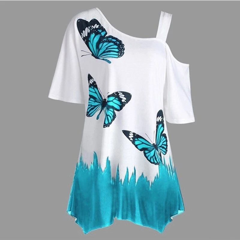 

Summer Blouses Women Butterfly Printed Tee One Shoulder Irregular Top Female Plus Size Loose Tee Top Streetwear