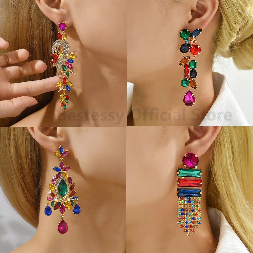 Geometric Boho Colorful Crystal Dangle Earrings For Women High Quality New Year 2023 Luxury Party Vintage Hanging Tassel Jewelry