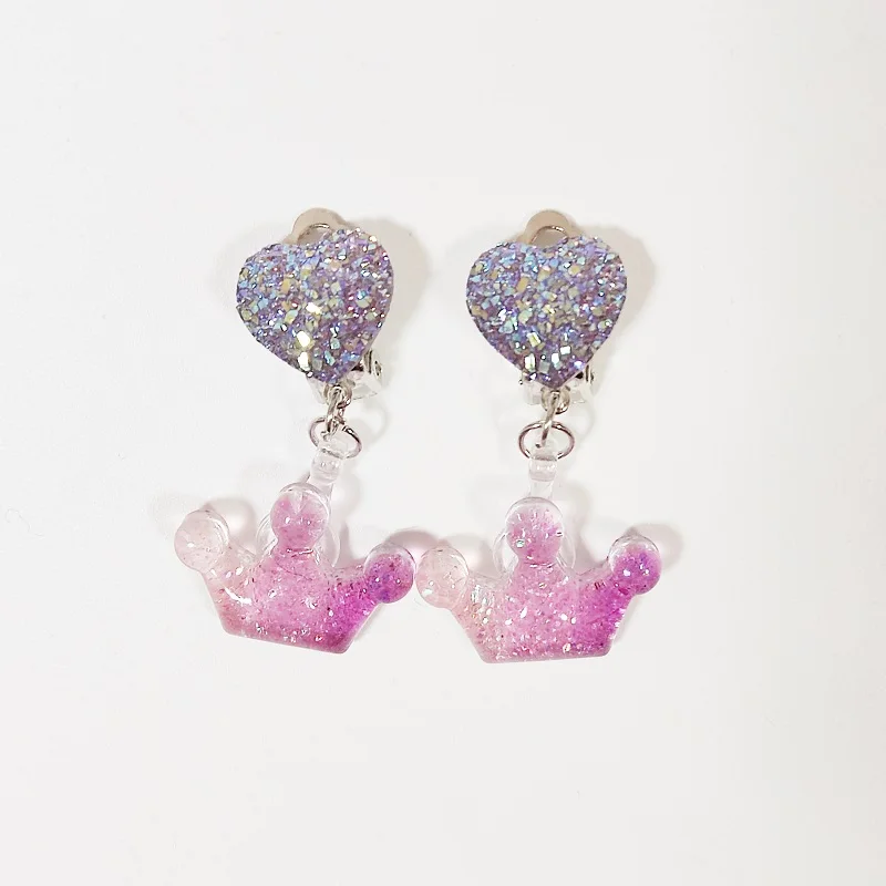 Детские фиолетовые акриловые клипсы-серьги с короной