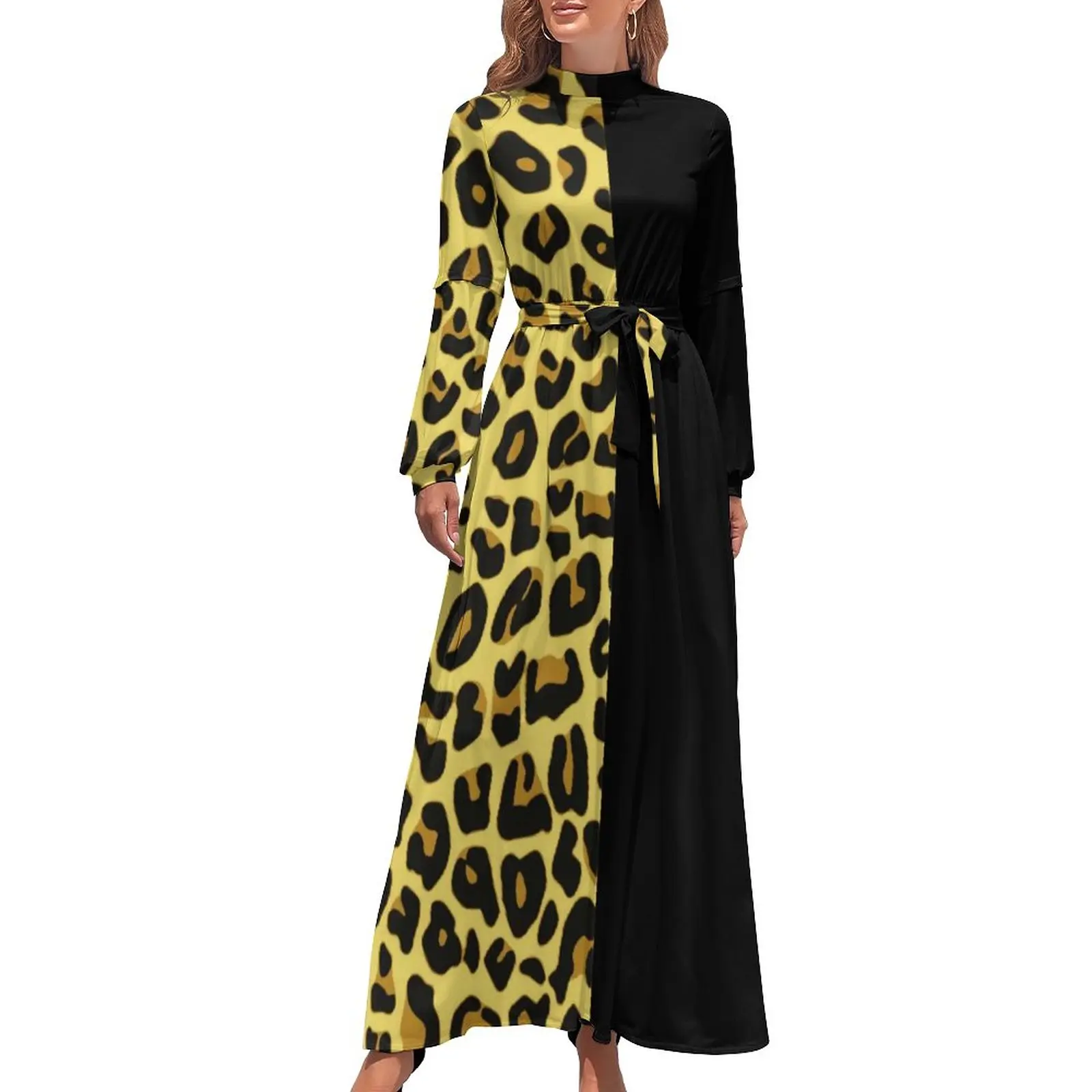 

Gold Two Tone Dress Long-Sleeve Cute Cheetah Print Modern Maxi Dress High Waist Simple Printed Boho Beach Long Dresses Gift Idea