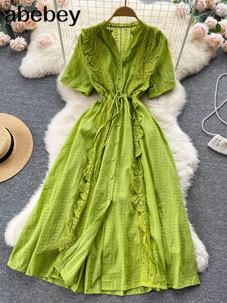 

High Quality French Lace Dress Women Elegant Short Sleeve Hollow A-line Dresses Summer Fashion Streetwear Maxi Long Dress