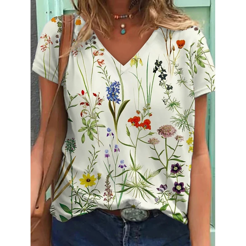 

Floral Printed 3d Women T-shirt Casual V-neck Short Sleeve Summer Ladies Flower Fashion New Loose Street Female 5xl Tee