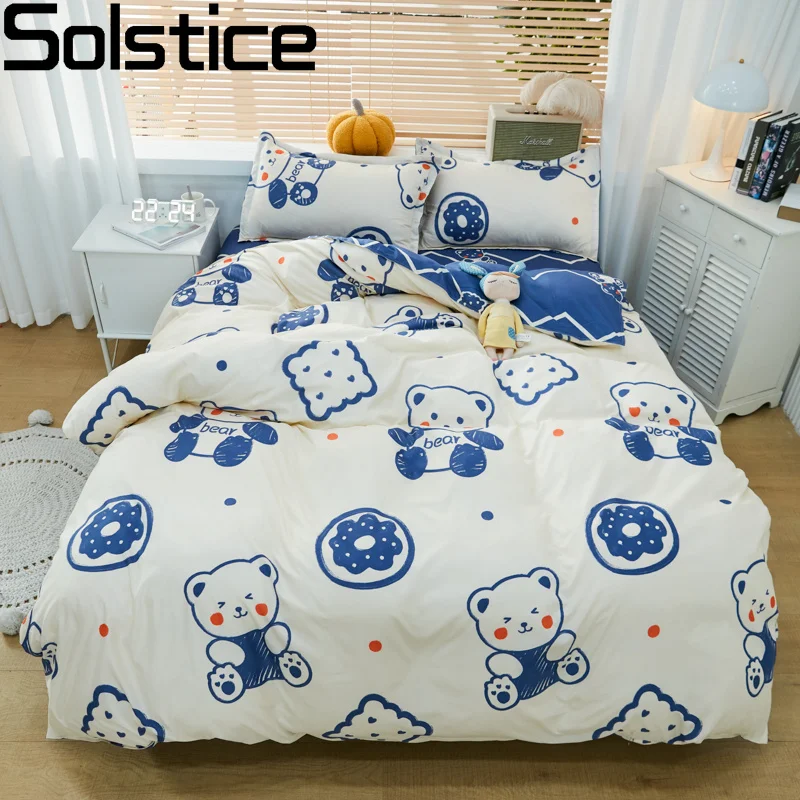 Solstice Cartoon White Cute Bear Style Quilt Cover Bedding Set Geometric Rhombus Lattice Duvet Cover Pillowcase Comforter Set