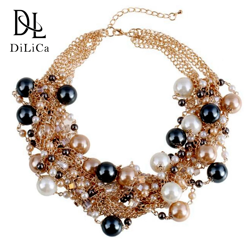 

DiLiCa Elegant Women Simulated Pearl Necklace Layered Strand Neclaces Chokers Bib Statement Jewelry Collier Femme