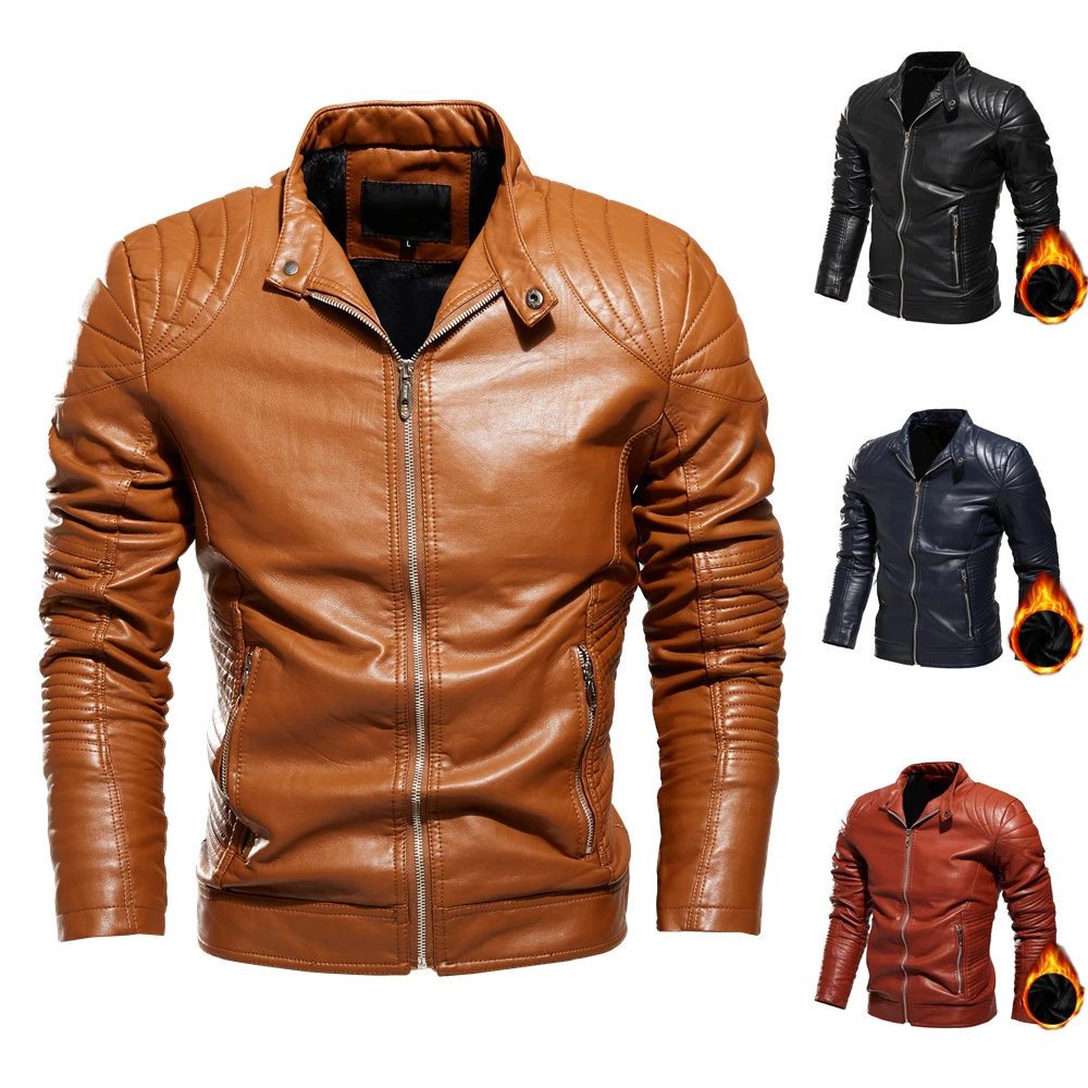 

Male Artificial Leather Clothing Biker Fleece Coats Autumn/Winter Bomber Faux Pu Ourwearing Men's Motorcycle Leather Jackets