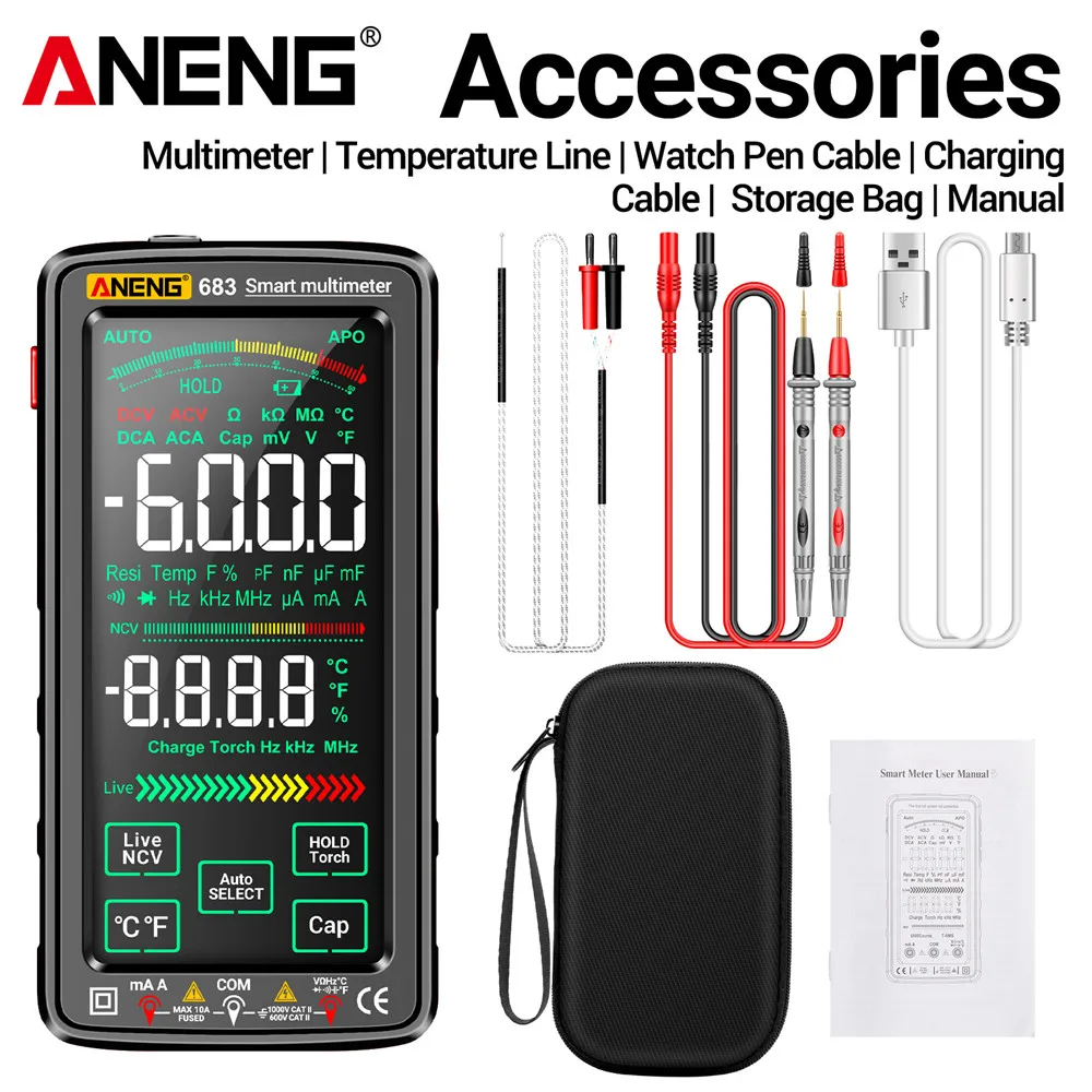 

ANENG 683 Temp Resistance Testers Reverse Ammeter Voltage Tester 6000 Counts AC/DC Rechargeable Ohm Diode Tester Tools