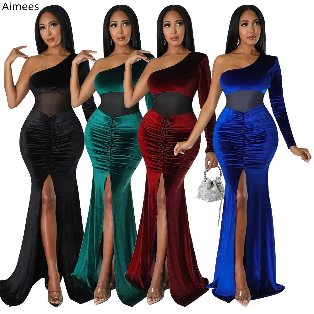 

Женское вечернее платье на одно плечо, с длинным рукавом и разрезом спереди