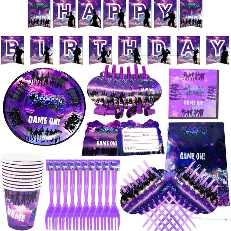 

Game Fortress Night Birthday Party Decorations Battle Royale Disposable Plates Cup Banner Tablecloth Bachelorette Party Supplies