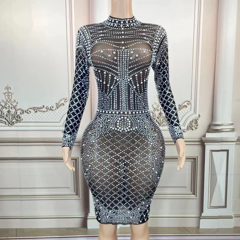 

Sexy Silver Crystals Rhinestones Black Mesh Long Sleeve Short Dress Dancer Stretch Stage Costume Outfit Evening Prom Party Dress