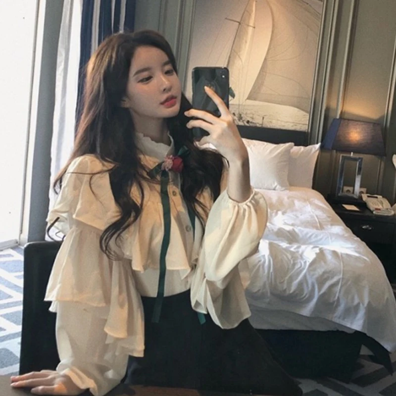 Женская шифоновая блузка с длинными рукавами-фонариками, элегантная рубашка с воротником-стойкой, оборками и завязкой на пуговицах, корейский стиль, осень 2022
