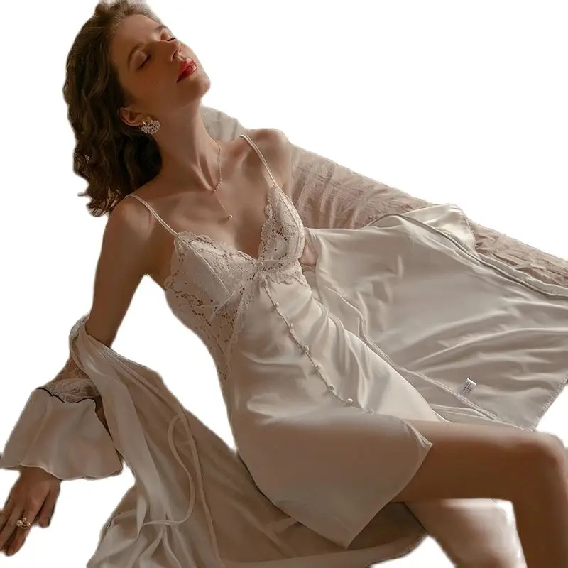 Summer Slung Nightdress Ice Silk Sexy 2022 New White Thin Pure Wind Lace Backless Sleepwear Women Set Pajama Sexy Night Dress