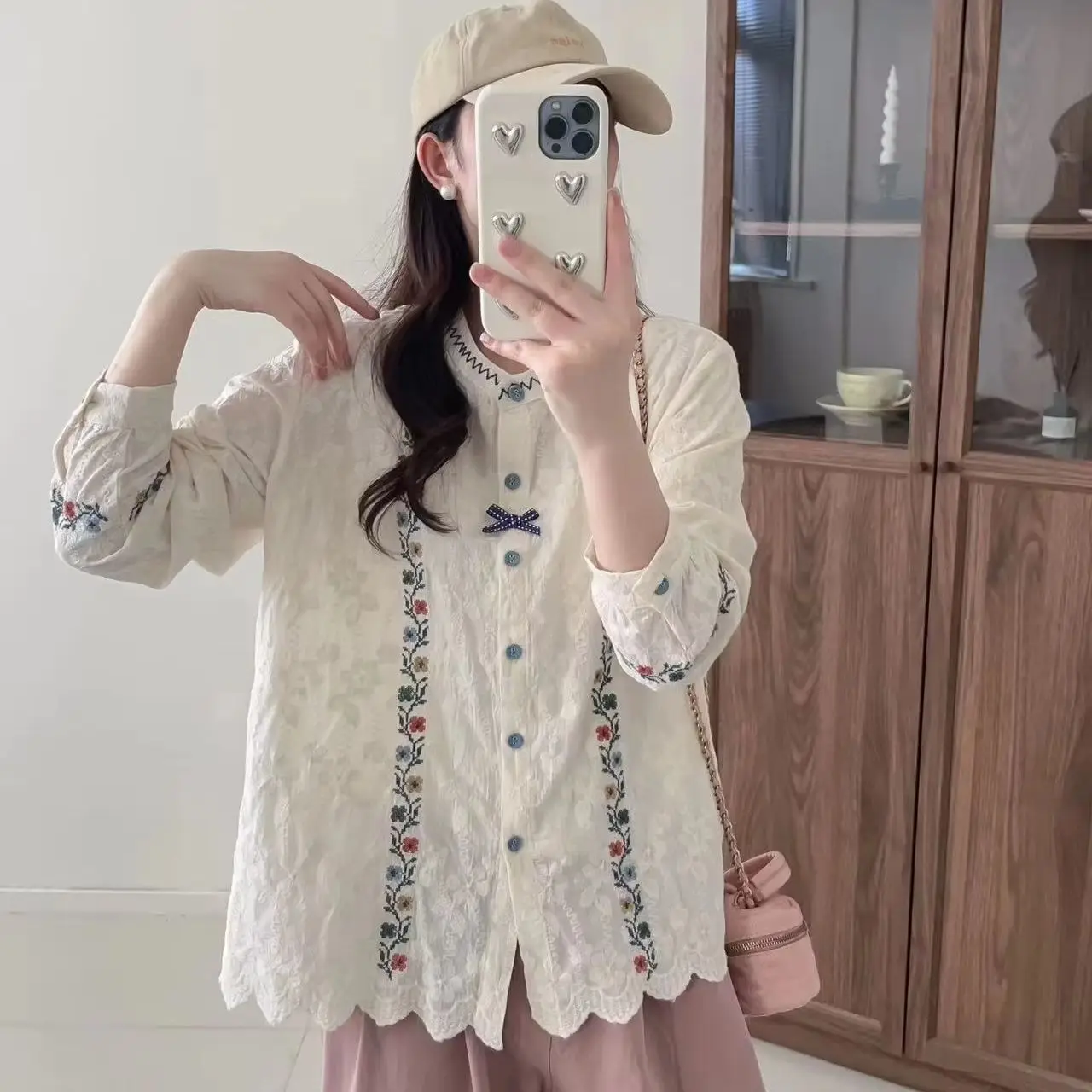 Mori kei винтажная этническая блузка рубашка с длинными рукавами женская