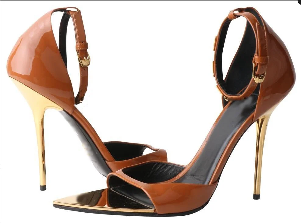 

New Arrivals Women Shoes Metallic Pointed Toe Stiletto Strappy Sandals Adjustable Ankle Strap Cover Heel High Heels Peep Toe