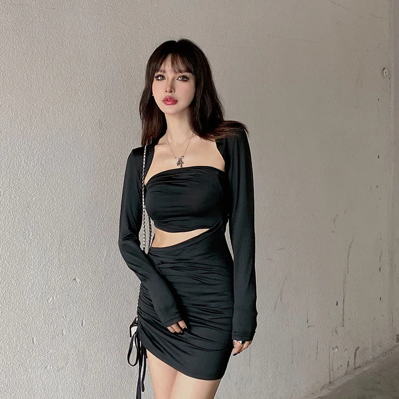 

Женские Элегантные ажурные платья с длинным рукавом, женское готическое сексуальное Плиссированное мини-платье 2022, черные платья из двух ч...