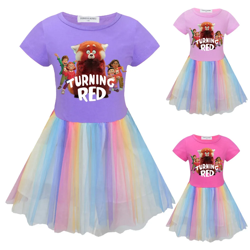 

2022 Disney Summer Turning Red Skirt Cotton European and American New Girls Colorful Mesh Skirt