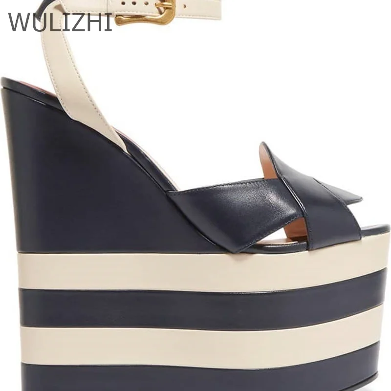 Women Red White Stripe Heightened Platform Sandals Leather High Wedge Open Fashion Heels Mixed Colors Peep Toe Modern New Shoes