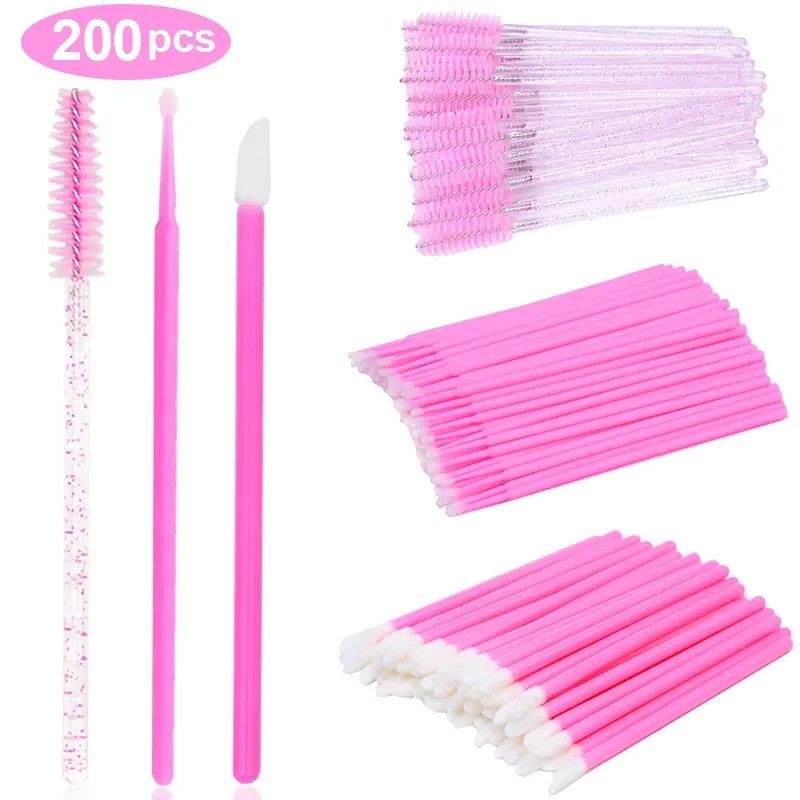 Pink  Mascara Wands Lip Gloss Wand Brush and Eyelash Cleaning Micro Applicator Set 3 in 1 Eye Lash Makeup Tools in Bundle