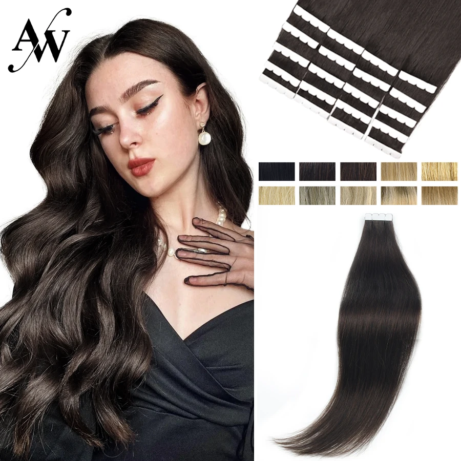 

AW Mini Tape in Human Hair Extensions Natural Hair Extension Adhesive Invisible Skin Weft Black Brown Human Hair Tape Ins