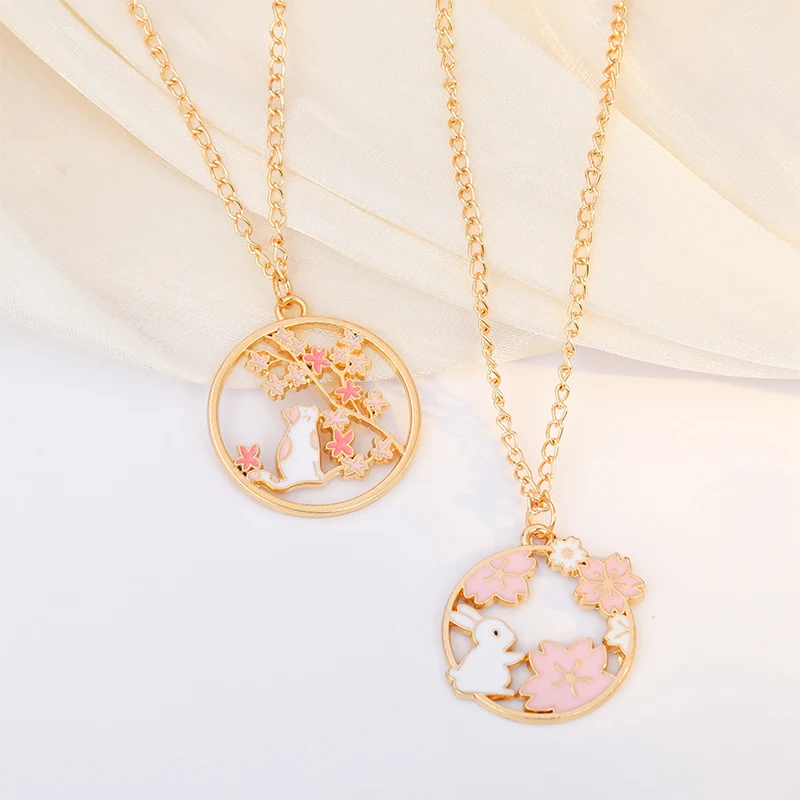 

Creative Fashion Sakura Cat Bunny Necklace Cute Cartoon Garland Pendant Women Jewelry Accessories Necklaces Pink Dropshipping