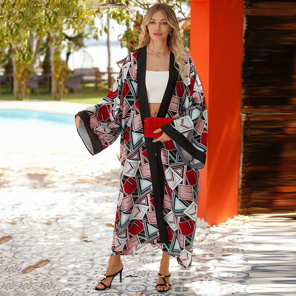 

Enchantment Boho Printed Long Kimono Dress Bathing Suit Cover-ups Summer Clothing Tunic Women Beach Wear Swim Suit Cover Up