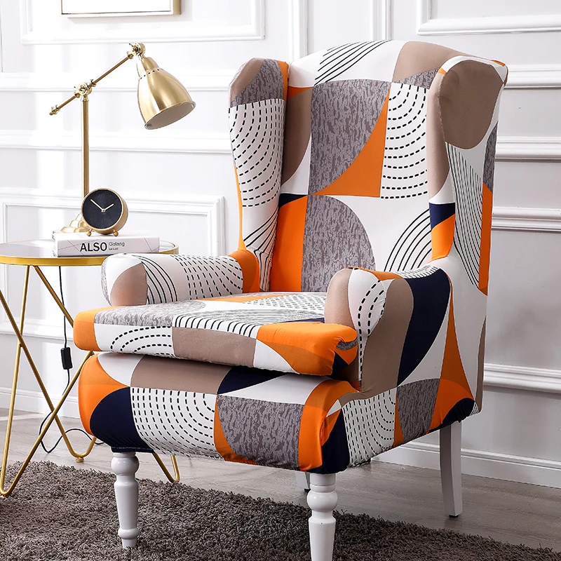 

Printed Wing Back Chair Cover Spandex Stretch Wingback Armchair Slipcover Elastic Armrest Chair Cover All-inclusive Protector