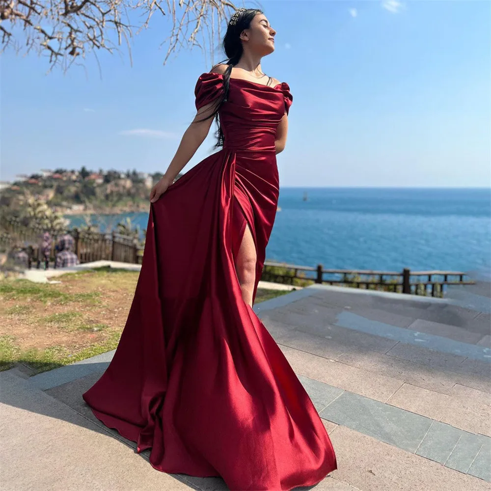 

Sexy Burgundy Mermaid Evening Dresses Off Shoulder Arabia Ruched Backless Celebrity Gowns Side Slit Party Dress