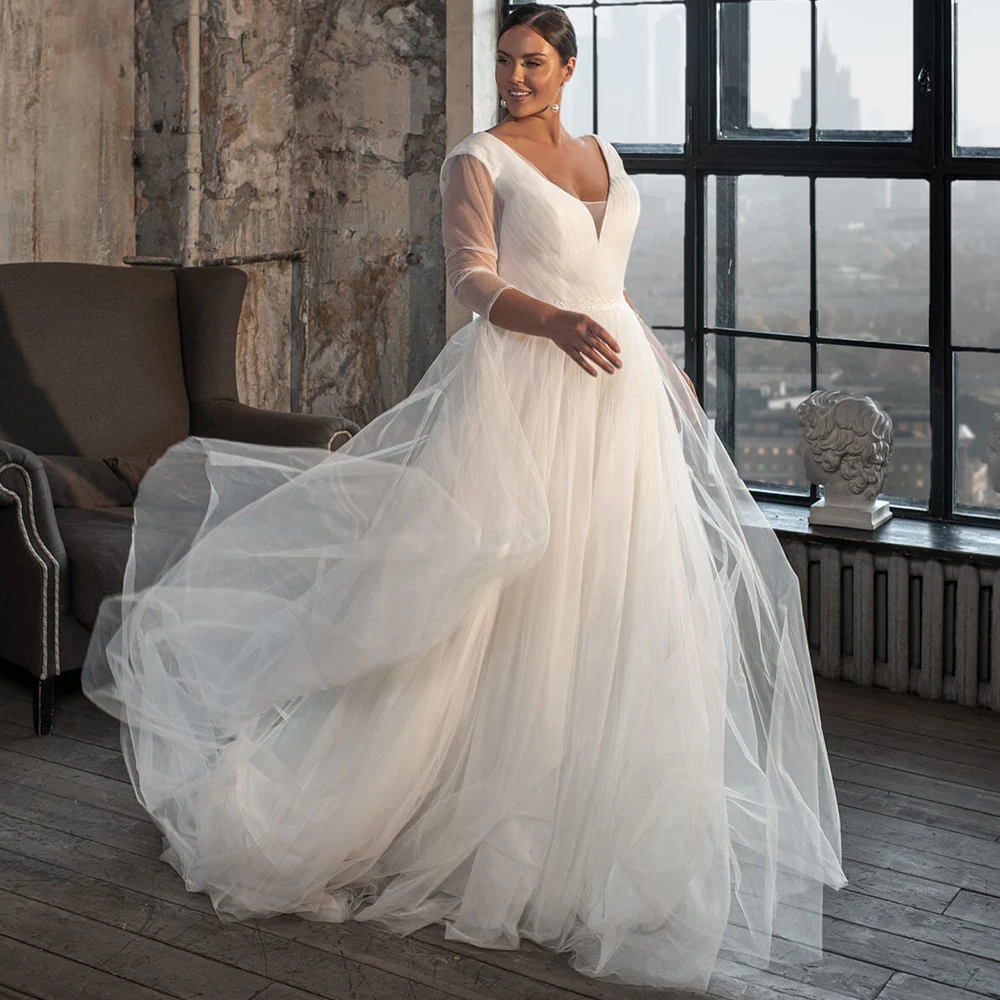 

Plus Size Wedding Dress A Line Illusion 3/4 Sleeves V Neck Simple Wedding Gown Buttons Pleated Applique Belt Modern Bridal Gown