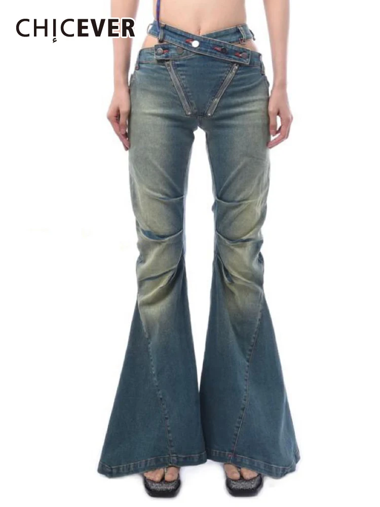 

CHICEVER Y2K Skinny Denim Pants For Women High Waist Hollow Out Hit Color Folds Spliced Zipper Flare Pants Female Spring Clothes