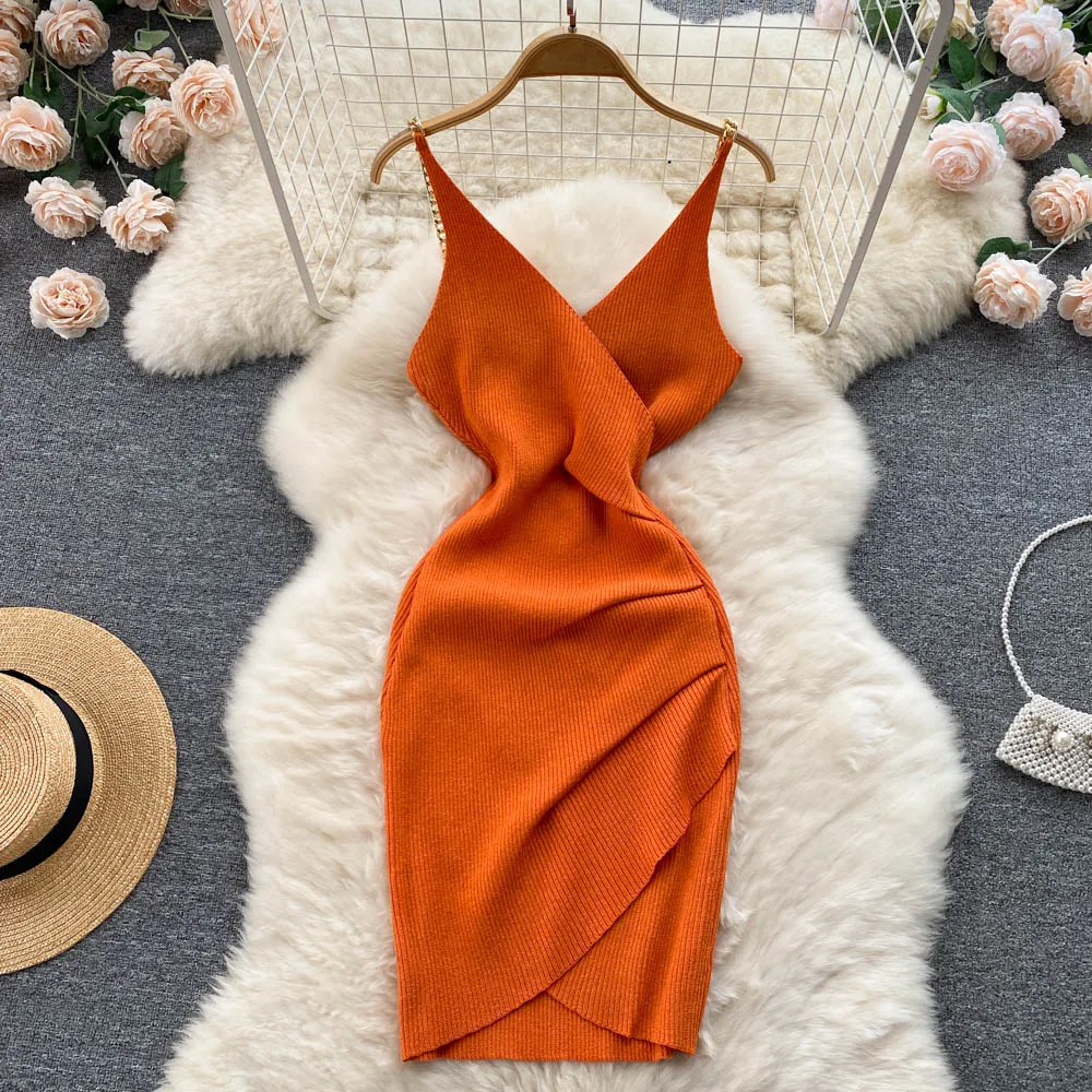 

2022 сексуальное платье на подтяжках модное платье с v-образным вырезом и открытой спиной без рукавов приталенное Плиссированное короткое трикотажное платье