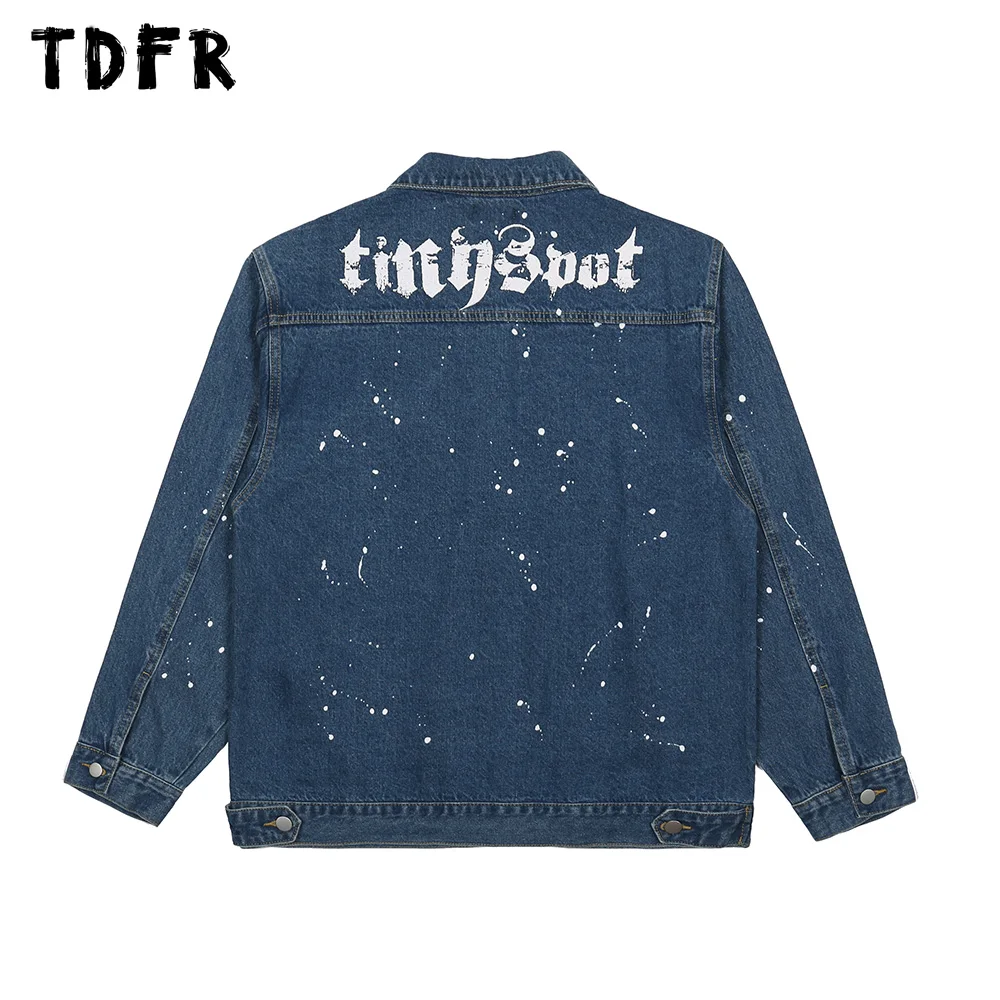 

Splash Ink Print Denim Jacket Mens Autumn Winter Letter Casual Pocket Long Sleeve Lapel Single Breasted Outerwear Men