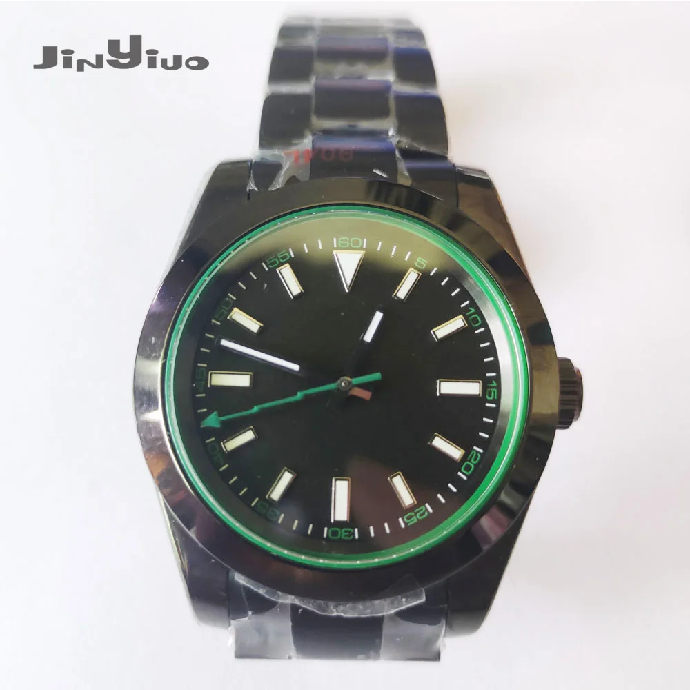 

39 мм PVD Модный чехол для часов с покрытием светящиеся следы вспышка зеленая рука автоматические мужские часы