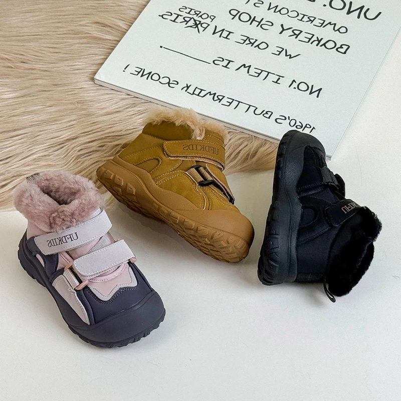 Детские кроссовки высокого качества с плюшевым мехом однотонные черные розовые