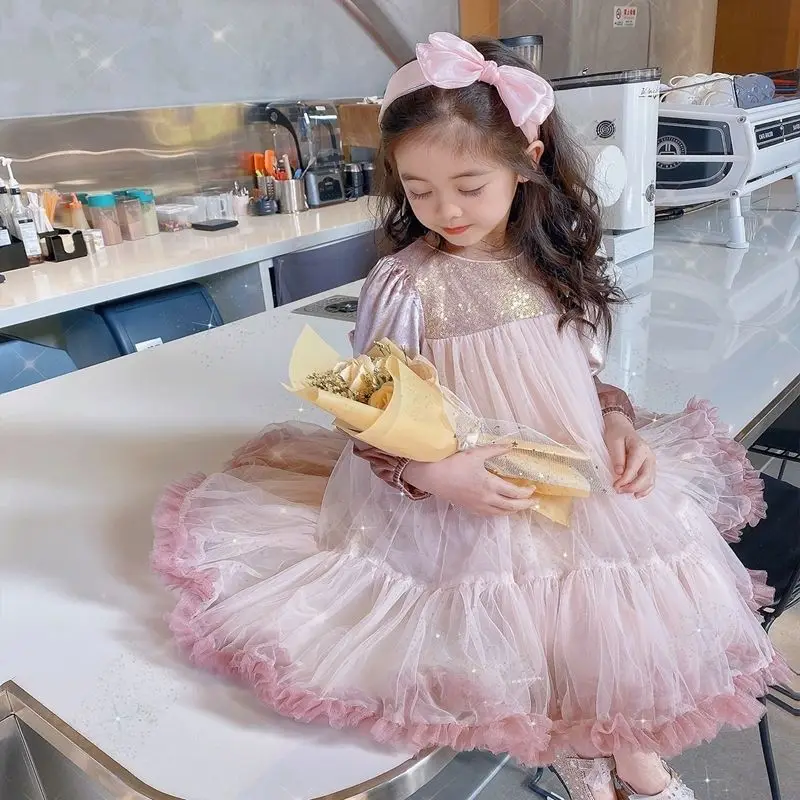 Autumn Girls Princess Dress Sequined Children Clothes Kids Baby Infants Fairy Long Sleeve Party Dresses Ball Gown 2-8Y