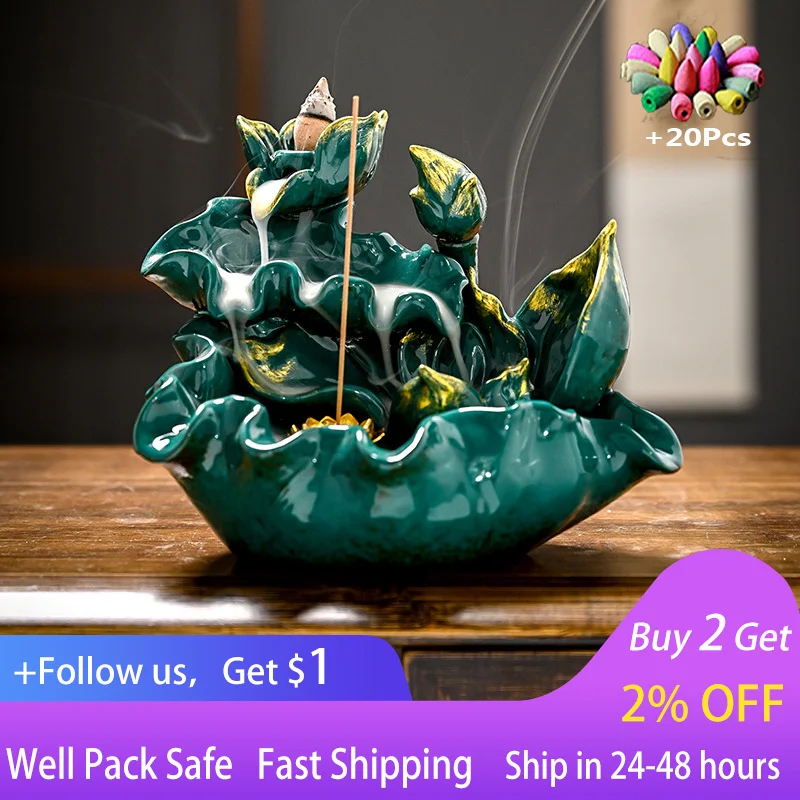 

With 20Pcs Cones Ceramic green lotus backflow incense burner Home indoor sandalwood ceramic handicraft incense burner