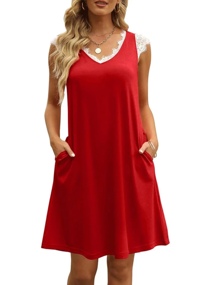 

Womens Sleeveless Lace V-Neck Knitted Pockets Dresses
