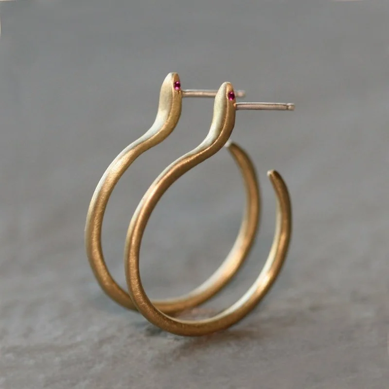 

925 Silver Needle Gold Plated Snake Earrings for Women Vintage Metal Round Animal Inlaid Red Zircon Dangle Earrings