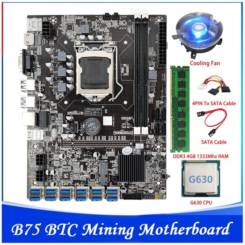 B75 ETH Mining Motherboard 12 PCIE To USB LGA1155 G630 CPU+Cooling Fan+DDR3 4GB 1333Mhz RAM B75 BTC Miner Motherboard