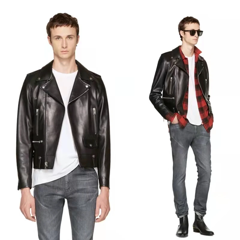 

High-end handsome big motorcycle leather jacket lapel cultivate one's morality level sheep skin leather coat man