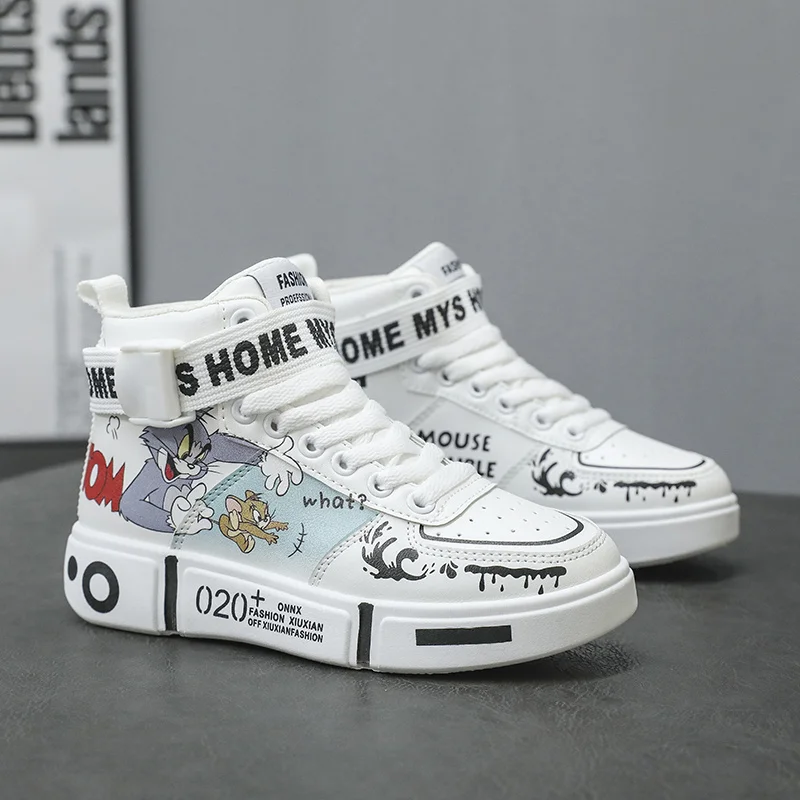 Hot Fashion Cartoon Skateboard Shoes Kids Boy Lace Up Antiskid Sports Shoes Women Platform Leather Casual Anime Sneakers Male