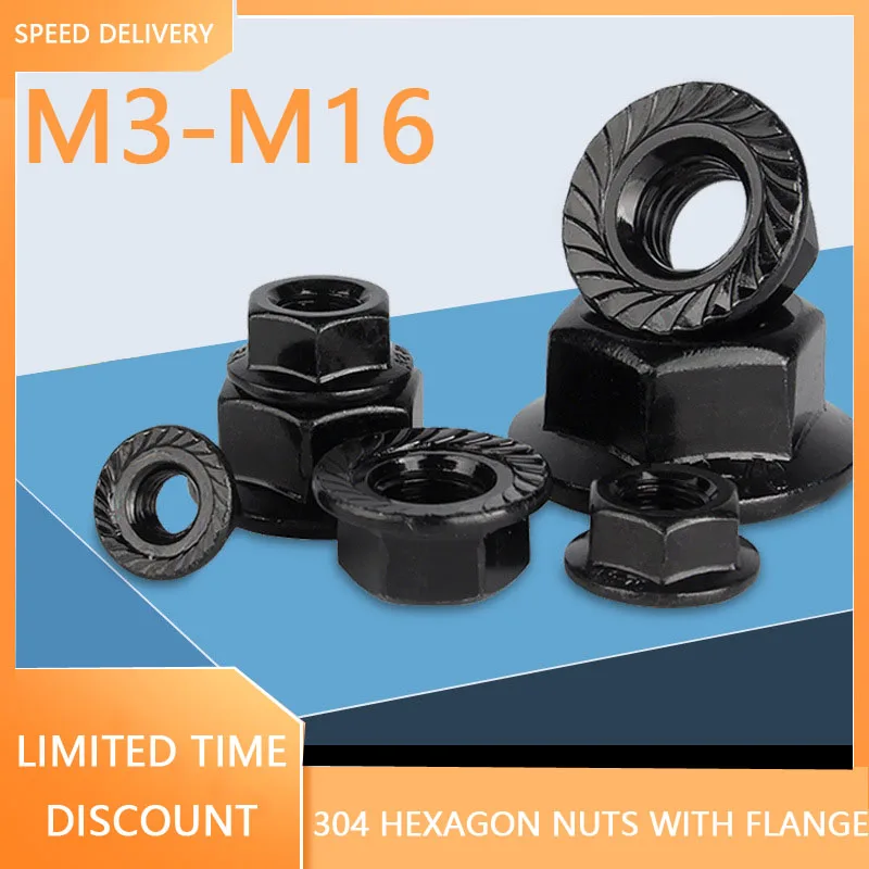 

M3 M4 M5 M6 M8 M10 M12 M16 Black 304 Stainless Steel Hexagon Nuts with Flange Anti-slip Locking Screw Cap 10/5/2/1 Pcs a lot