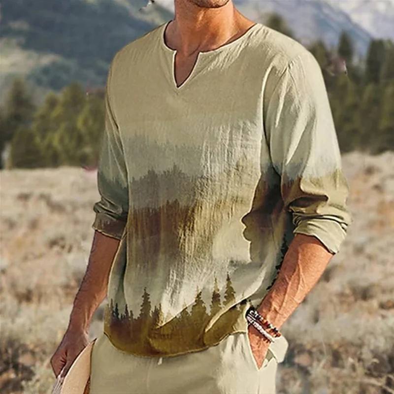 

2022 Stretch Casual V-Neck Men's T-Shirt Landscape Long-Sleeve T-Shirt Men's Linen T-Shirt Shirts Shopping S-5XL