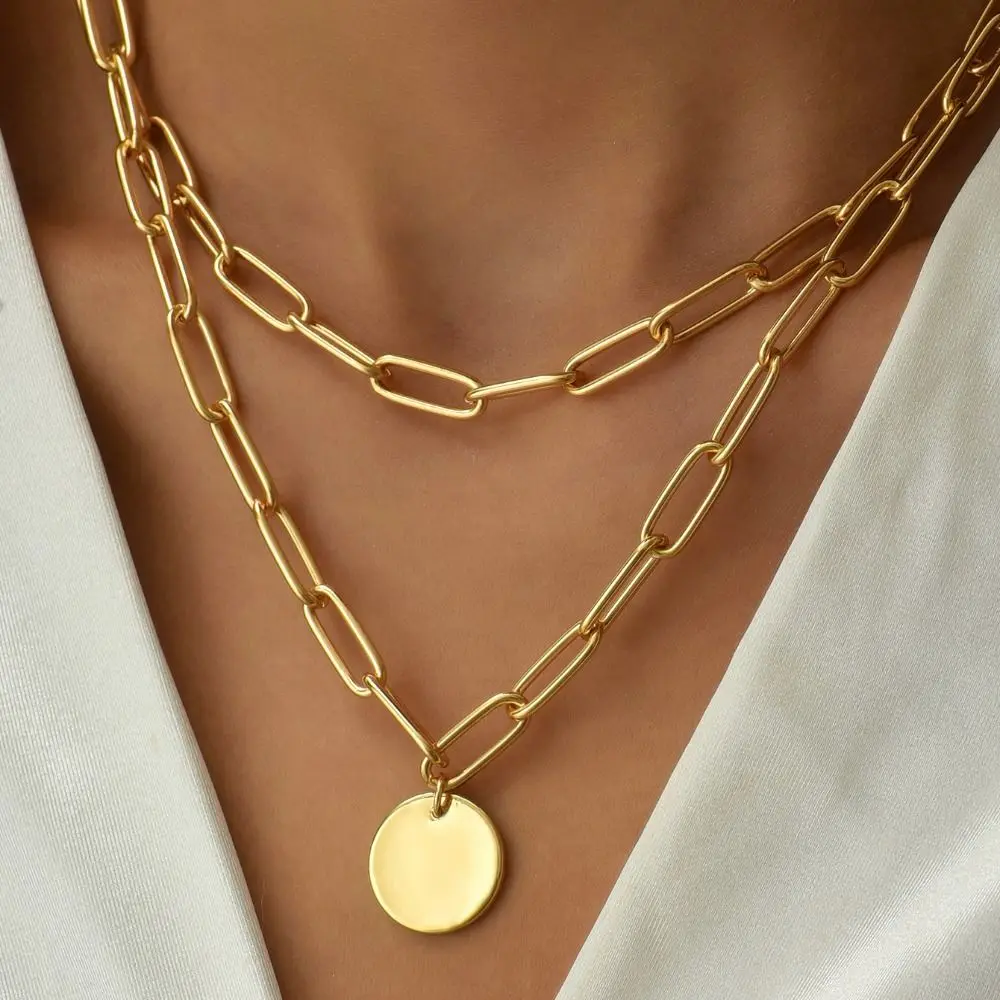 

2pcs Alloy Necklaces New Round Adjustable Layered Necklace Gold Silver Vintage Choker Girls