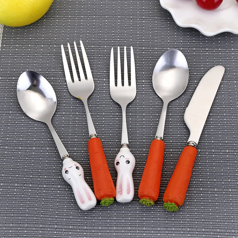

Stainless steel Cartoon Rabbit Carrot Baby spoon Children's fork Spoon tableware spoon fork Cartoon Teaspoon Kids Dinnerware