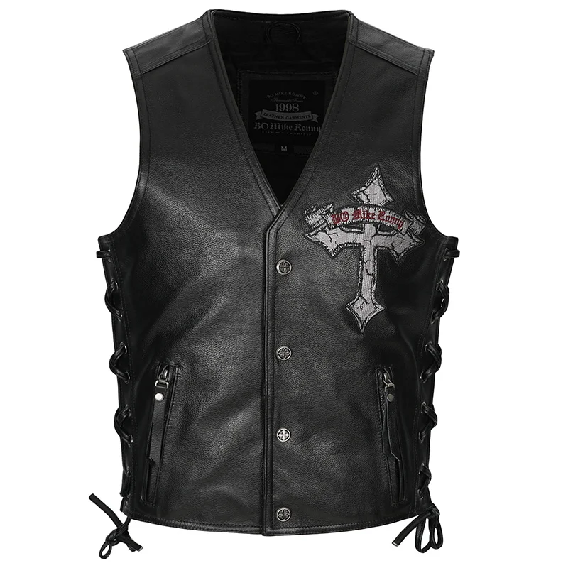 

High Quality Motorbike Leather Mens Motorcycle Genuine Biker Waistcoat Side Laced Black Vest Skull Embroidery Patch Cowhide Slee