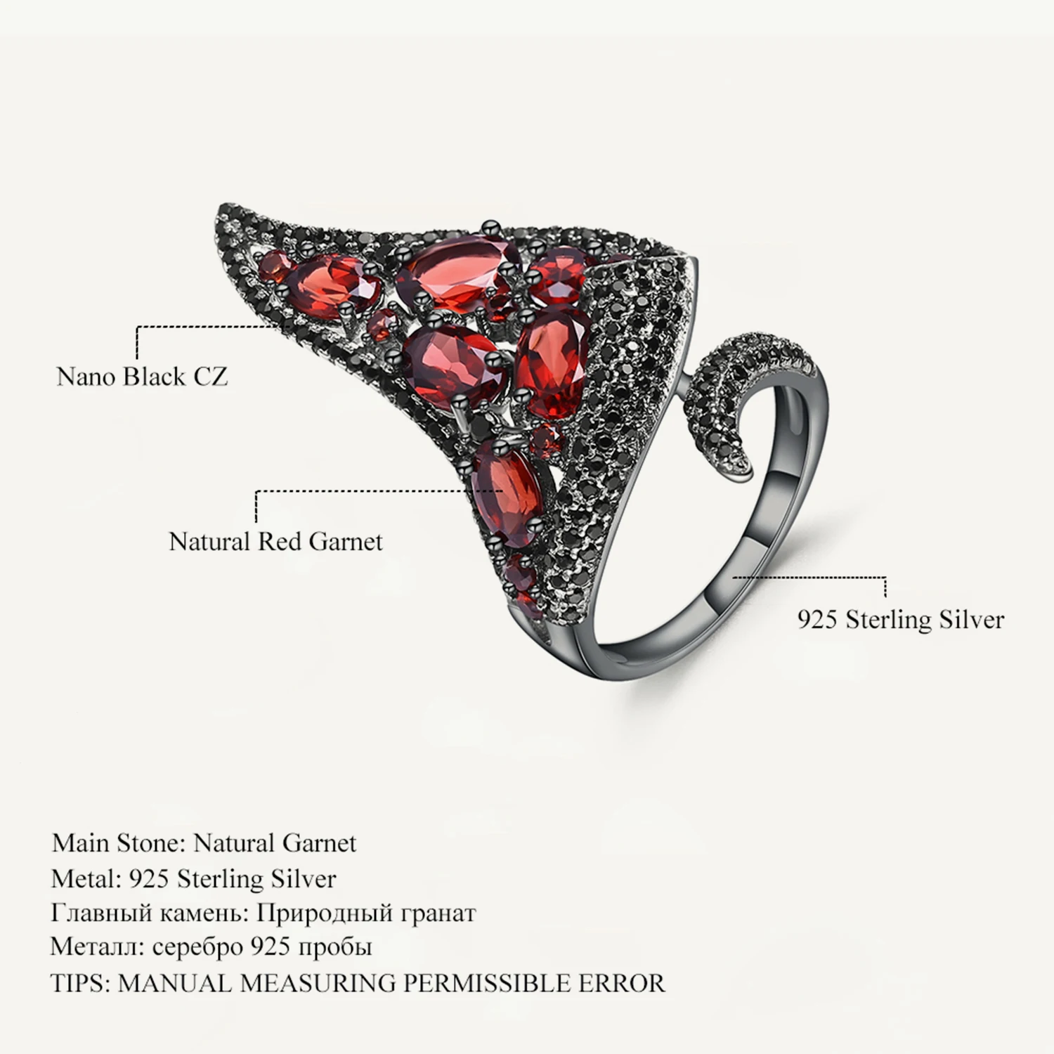 

GEM'S BALLET Natural Red Garnet Gemstone Vintage Open Finger Irregular Triangle Ring 925 Sterling Sliver Ring For Women Jewelry