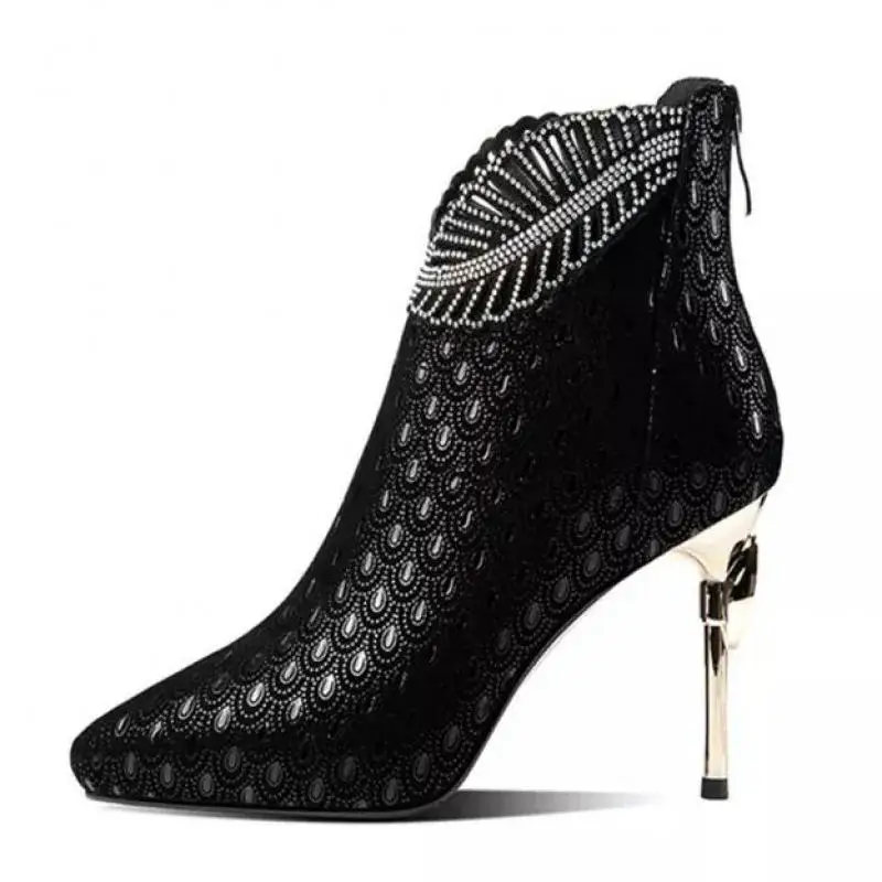 

2022 Fashion Mesh Sandals Boots,Women Peacock Pattern Autumn Heels,Sexy Rhinestone Platforms Shoes,Back Zip,Female,Black,Blue