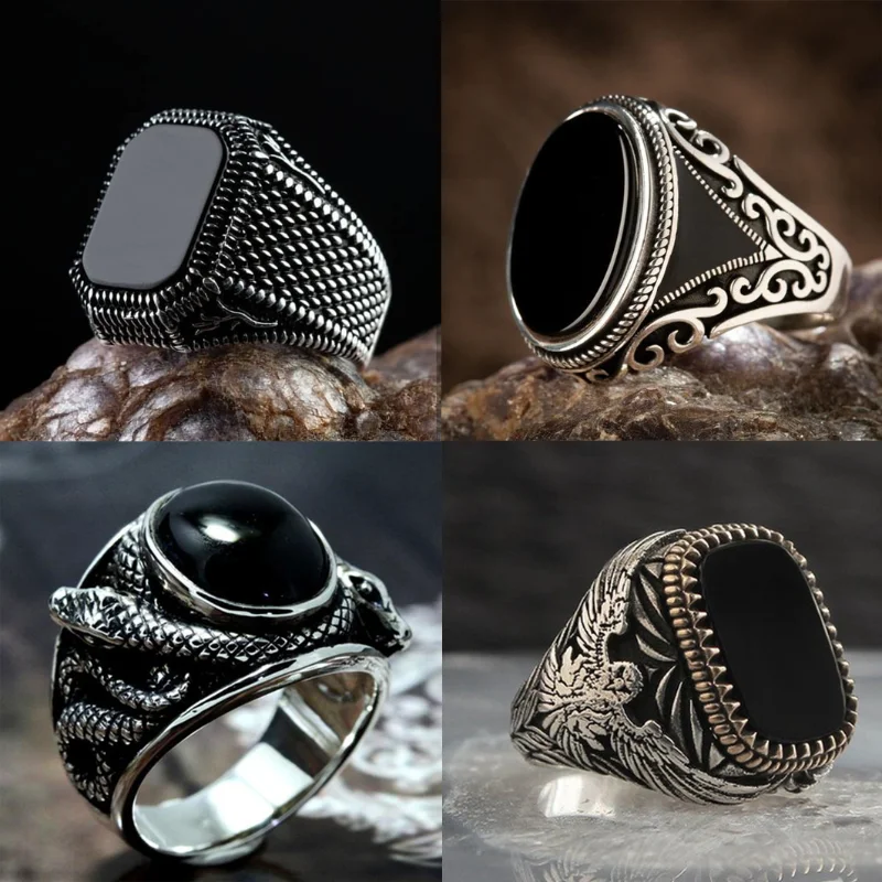 

Punkboy Retro Style Men's Ring Craved Pattern Black Egg-shaped Crystal Silver Color Ring for Male Party Jewelry Size 6-13